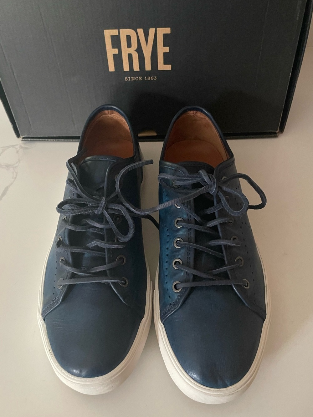Frye Navy Brett Perf Logo Low Sneaker